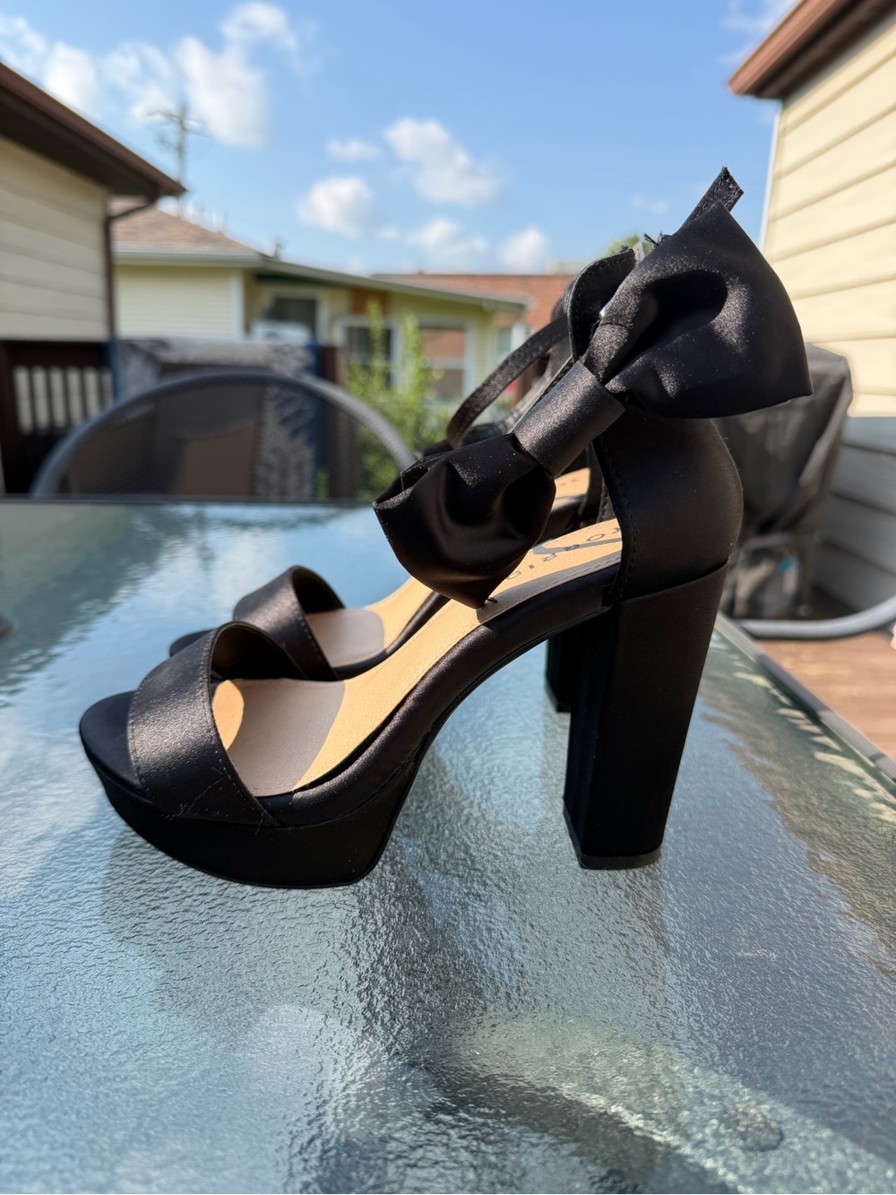 torrid Black Satin Platform Block Heels with Bow Accent